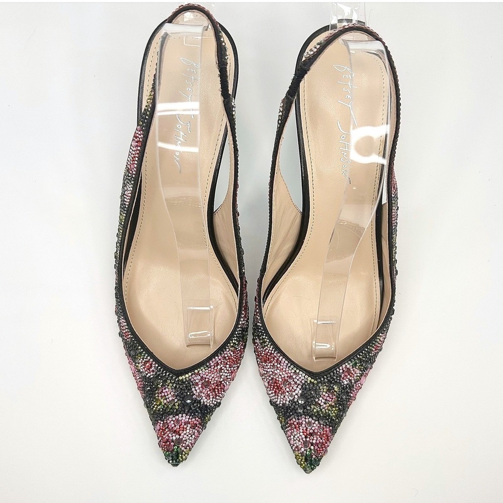Betsey Johnson Clark Rhinestone Floral Slingback Pumps Black Pink Heels 10 NWOT - Picture 6 of 12